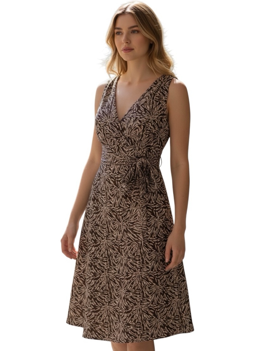 Adrianna Papell Sleeveless V-Neck Midi Dress in Brown & Cream Abstract Print